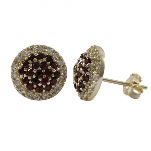 DLF Gold Plated Sterling Silver 10.5mm Round Circle, Garnet With White Border, Post Stud Gold/White/Garnet Earrings