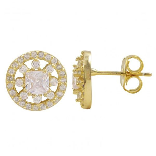 DLF Gold Plated Sterling Silver, Flower Round Post Stud Gold Earrings