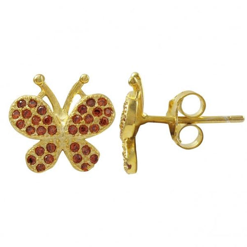 DLF Gold Plated Sterling Silver, Garnet CZ Butterfly Post Stud Gold/Garnet Earrings
