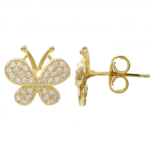 DLF Gold Plated Sterling Silver, Butterfly Post Stud Gold/White Earrings