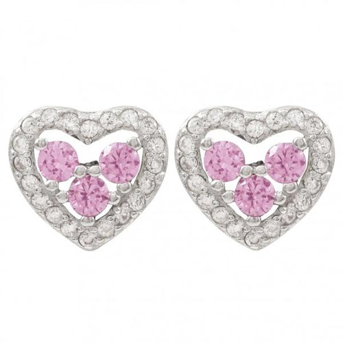 DLF Rhodium Plated Sterling Silver, Pink Heart Post Stud Pink/Silver Earrings