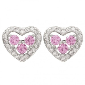 DLF Rhodium Plated Sterling Silver, Pink Heart Post Stud Pink/Silver Earrings