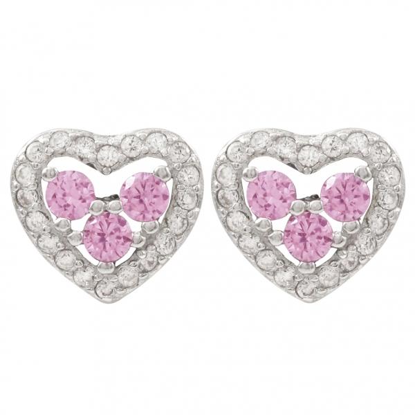 DLF Rhodium Plated Sterling Silver, Pink Heart Post Stud Pink/Silver Earrings