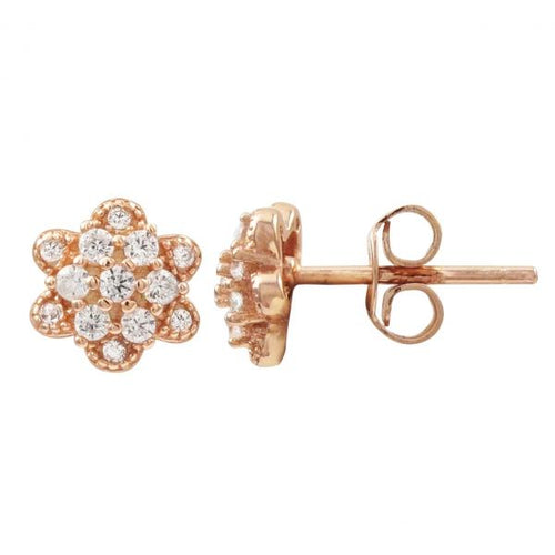 DLF Rose Plated Sterling Silver Flower Post Stud Rose Gold/White Earrings