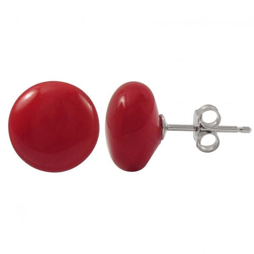 DLF Red 10mm Flat Coin Shell Pearl On Rhodium Plated Sterling Silver Post Stud Red/Silver Earrings