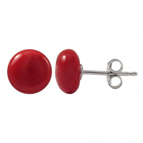 DLF Red 8mm Flat Coin Shell Pearl On Rhodium Plated Sterling Silver Post Stud Red/Silver Earrings