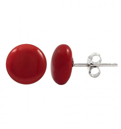 DLF Red 9mm Flat Coin Shell Pearl On Rhodium Plated Sterling Silver Post Stud Red/Silver Earrings