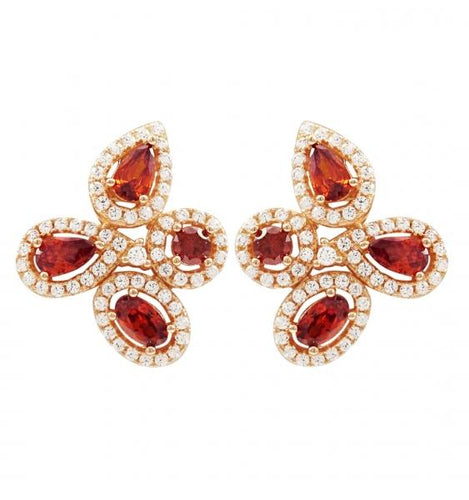 DLF Garnet And White, Rose Plated Sterling Silver Flower Design Post Earrings W18