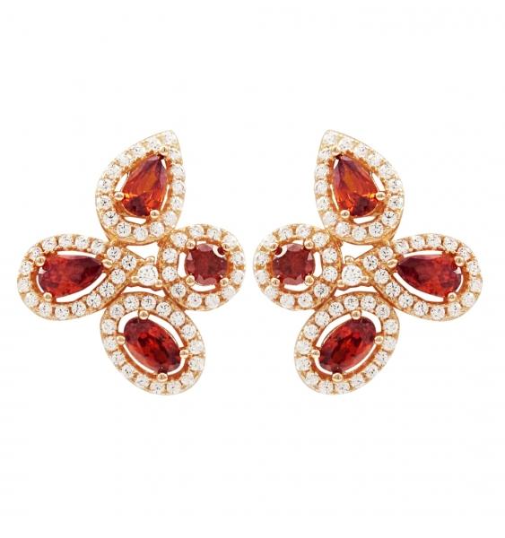 DLF Garnet And White, Rose Plated Sterling Silver Flower Design Post Earrings W18