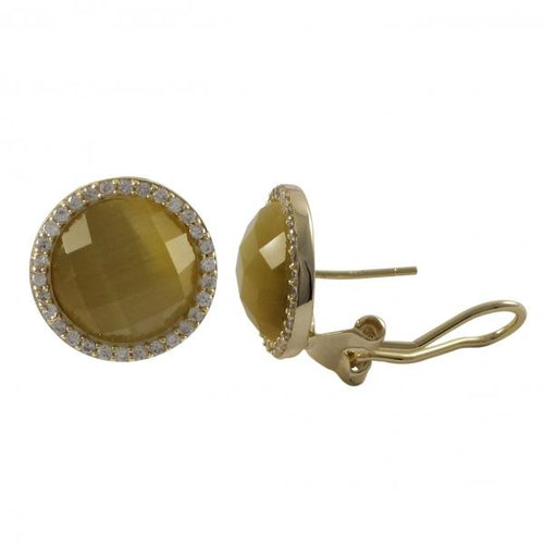 DLF Citrine Cat's Eye Semi Precious Faceted Stone With, Gold Plated Sterling Silver 15mm Round Stud Post Clip Citrine Cat's Eye/Gold Earrings