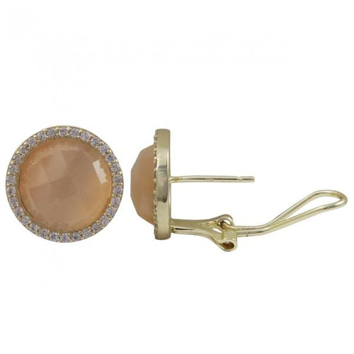 DLF Peach Cats Eye Semi Precious Faceted Stone, Set In Gold Tone Sterling Silver, 15mm Round Stud Post Clip Peach/Gold Earrings