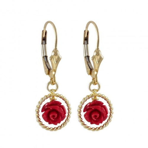 DLF Red 7mm Rose Flower In Gold 10mm Braided Ring Dangling, On Gold Filled Lever Back Earrings With Heart W18