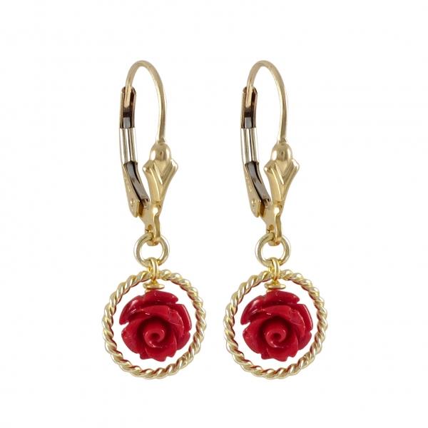 DLF Red 7mm Rose Flower In Gold 10mm Braided Ring Dangling, On Gold Filled Lever Back Earrings With Heart W18