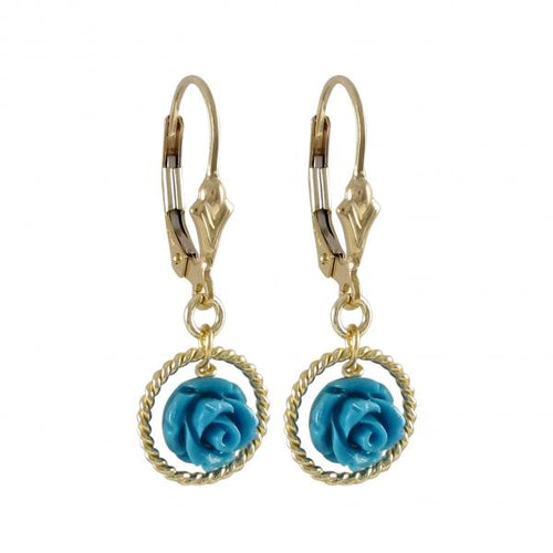 DLF Turquoise 7mm Rose Flower In Gold 10mm Braided Ring Dangling, On Gold Filled Lever Back Earrings With Heart W18