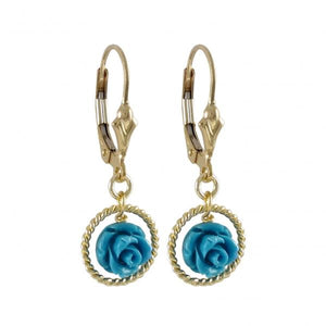 DLF Turquoise 7mm Rose Flower In Gold 10mm Braided Ring Dangling, On Gold Filled Lever Back Earrings With Heart W18