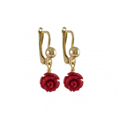 DLF Red 6mm Flower Dangling, On Gold Filled Lever Back Earrings, With Ball W18
