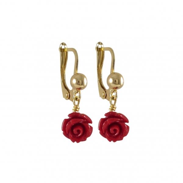 DLF Red 6mm Flower Dangling, On Gold Filled Lever Back Earrings, With Ball W18