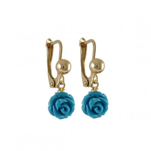DLF Turquoise 6mm Flower Dangling, On Gold Filled Lever Back Earrings, With Ball W18