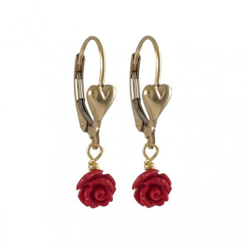 DLF Red 7mm Rose Flower Dangling, On Gold Filled Lever Back Earrings, With Heart W18