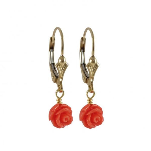 DLF Coral 7mm Rose Flower Dangling, On Gold Filled Lever Back Earrings, With Shell W18