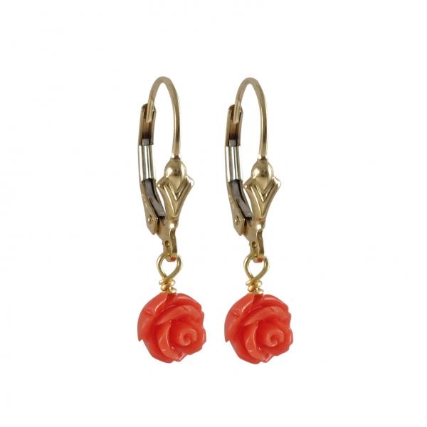 DLF Coral 7mm Rose Flower Dangling, On Gold Filled Lever Back Earrings, With Shell W18