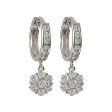 Load image into Gallery viewer, DLF Rhodium Plated Sterling Silver Dangling Flower Huggie Earrings W18