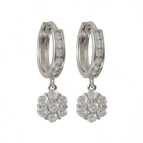 DLF Rhodium Plated Sterling Silver Dangling Flower Huggie Earrings W18