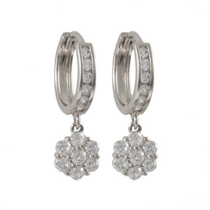 DLF Rhodium Plated Sterling Silver Dangling Flower Huggie Earrings W18