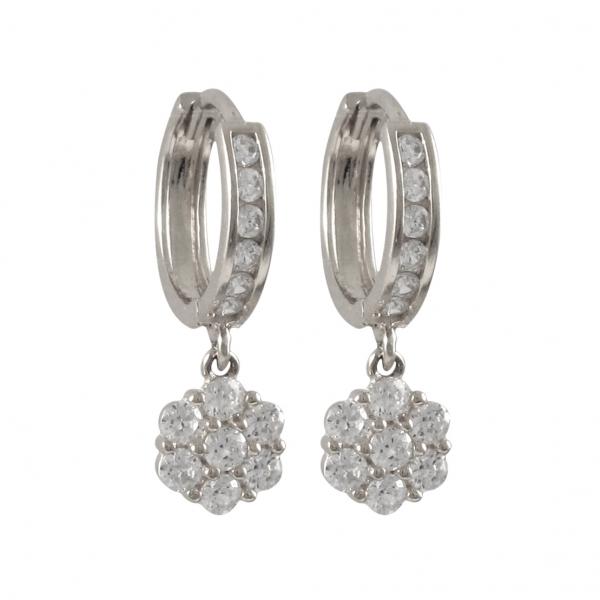 DLF Rhodium Plated Sterling Silver Dangling Flower Huggie Earrings W18