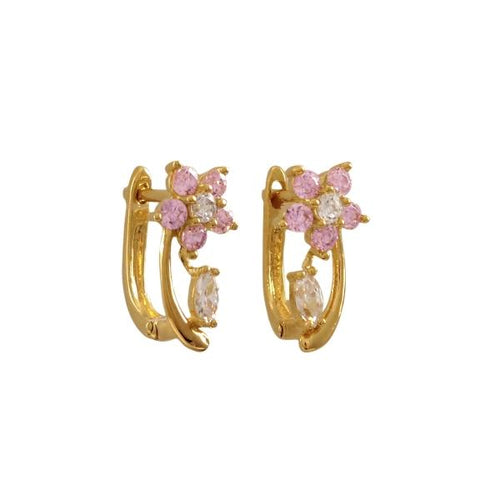 DLF Gold Plated Sterling Silver Flower Huggie Earrings With Pink And White W18
