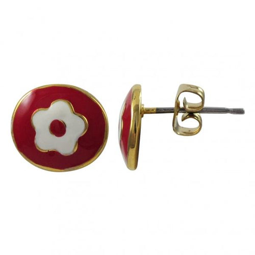 DLF Red & White Gold  Flower-Circle Enamel Post Earrings W18