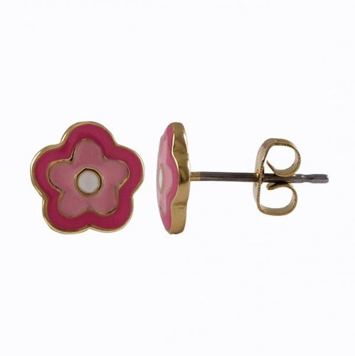 DLF Multi Pink Enamel Flower, Gold Post Earrings W18