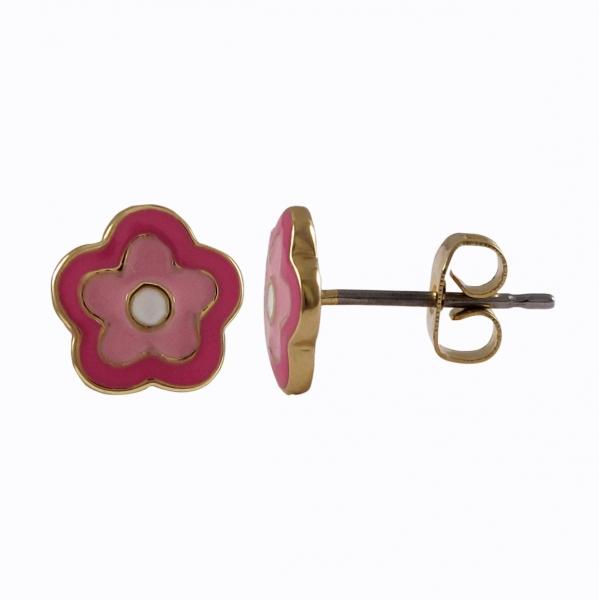 DLF Multi Pink Enamel Flower, Gold Post Earrings W18