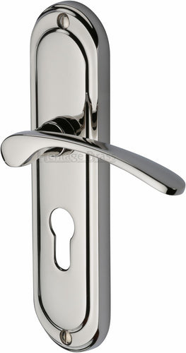 Heritage Brass Door Handle for Euro Profile Plate Ambassador Design Polished Nickel finish