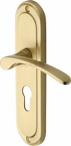 Heritage Brass Door Handle for Euro Profile Plate Ambassador Design Satin Brass finish