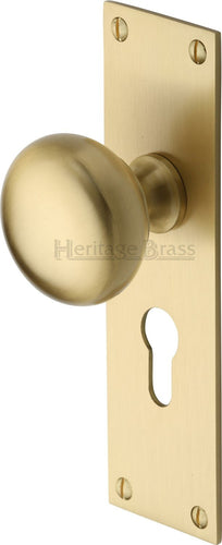 Heritage Brass Mortice Knob on Euro Profile Plate Balmoral Design Satin Brass finish
