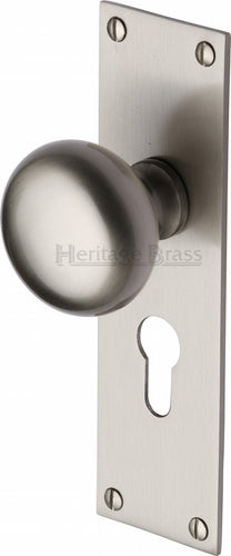 Heritage Brass Mortice Knob on Euro Profile Plate Balmoral Design Satin Nickel finish