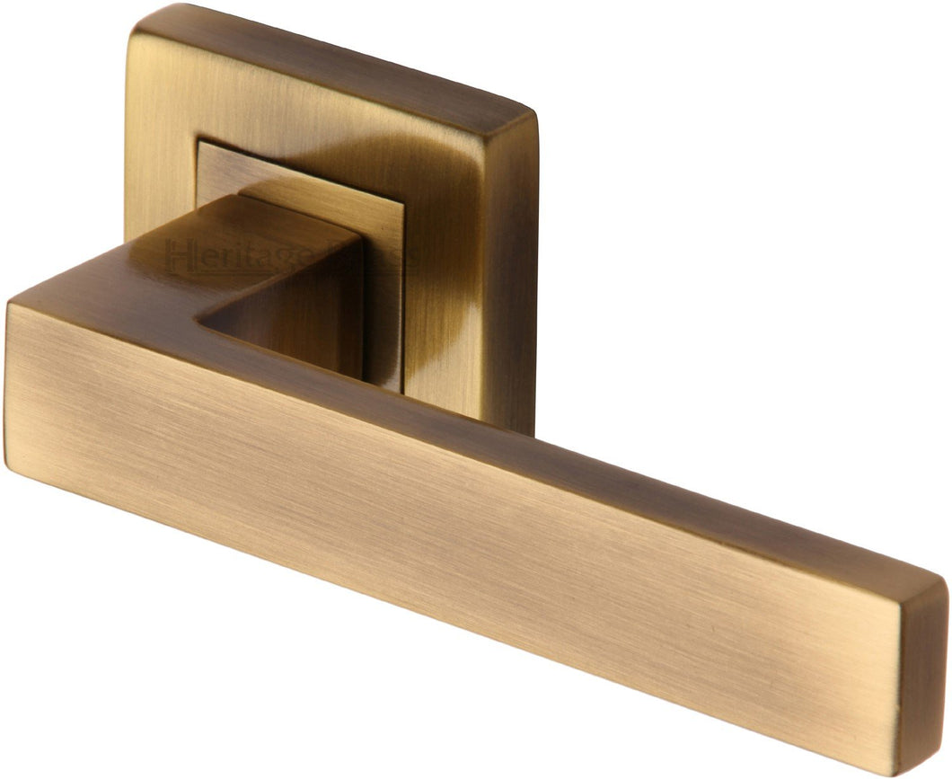 Heritage Brass Door Handle Lever Latch on Square Rose Delta Sq Design