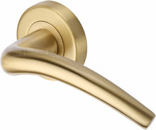 Load image into Gallery viewer, Heritage Brass Door Handle Lever Latch on Round Rose Wing Design