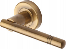 Load image into Gallery viewer, Heritage Brass Door Handle Lever Latch on Round Rose Alicia Design