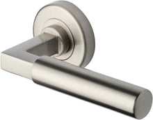 Load image into Gallery viewer, Heritage Brass Door Handle Lever on Rose Bauhaus Design