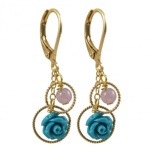 DLF Turquoise Rose Flower And Lavender 4mm Ball In Braided Open Ring, On Brass Lever Back Gold Earrings W18
