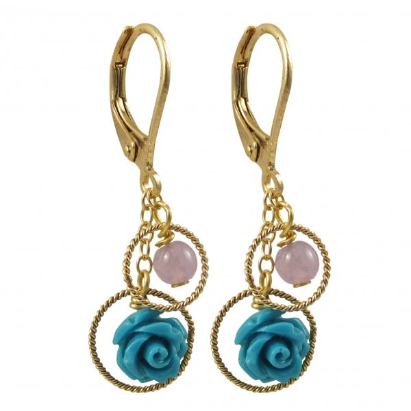 DLF Turquoise Rose Flower And Lavender 4mm Ball In Braided Open Ring, On Brass Lever Back Gold Earrings W18