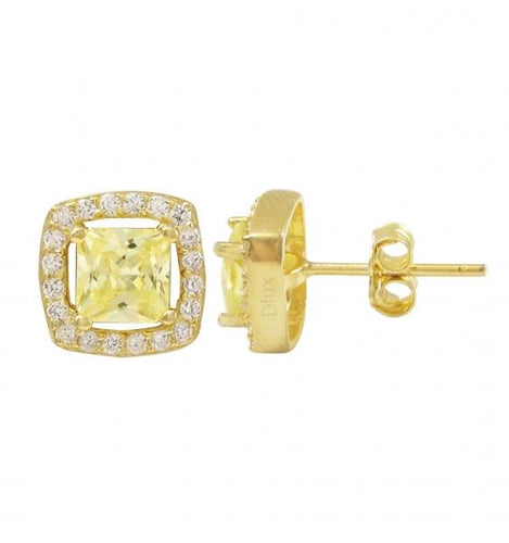 DLF Yellow Center With White, Gold Plated Sterling Silver Square Post Yellow/Gold Earrings