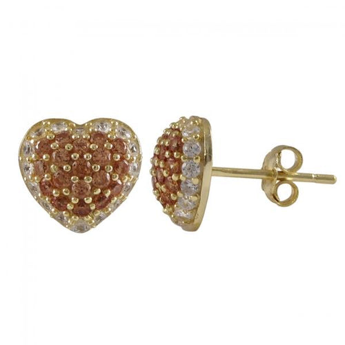 DLF Gold Plated Sterling Silver,.5mm Champagne Puffed Heart With White Border, Post Stud Gold/Champagne/White Earrings