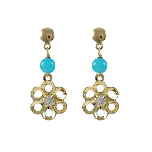 DLF Blue Chalcedony And Cutout Flower With White Crystal Center Dangling, Gold Filled Post Earrings W18