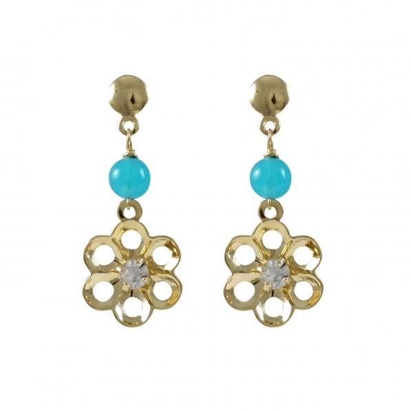 DLF Blue Chalcedony And Cutout Flower With White Crystal Center Dangling, Gold Filled Post Earrings W18