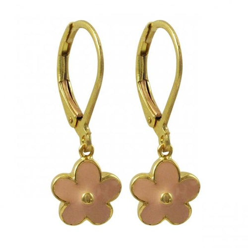 DLF Pink Enamel Flower, Gold Plated Brass Lever Back Earrings W18