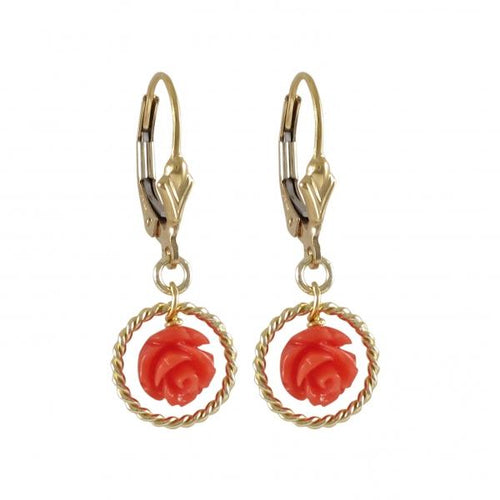 DLF Coral 7mm Rose Flower In Gold 10mm Braided Ring Dangling, On Gold Filled Lever Back Earrings With Heart W18
