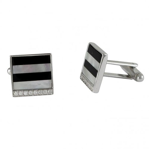 DLF Sterling Silver (bottom is brass) Black And White Mother Of Pearl Stripe Cufflink With CZ